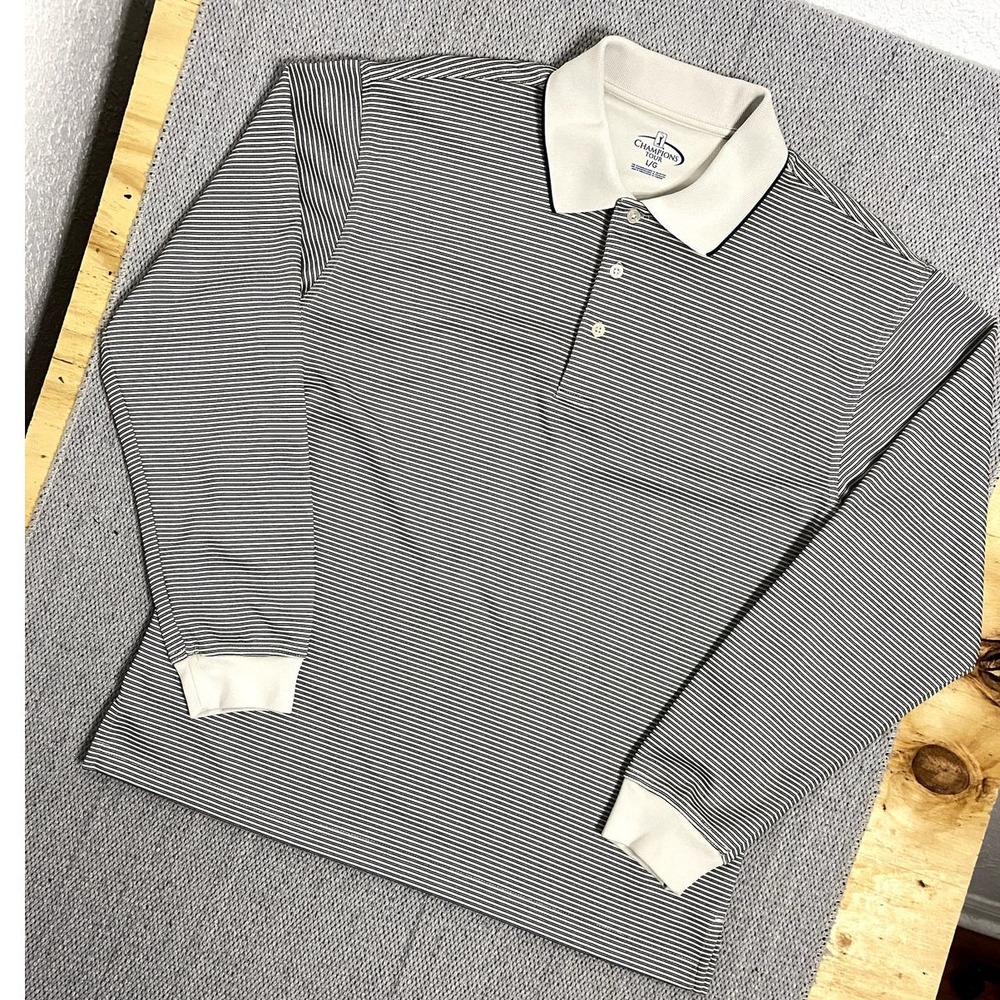 Champions Tour Polo Shirt Mens Large Black‎ White Striped Long Sleeve Golf Sport